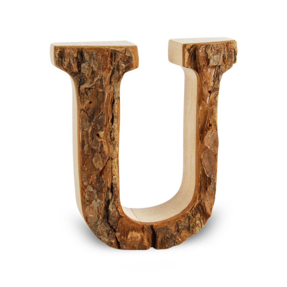 Holzbuchstabe mit Rinde: U
