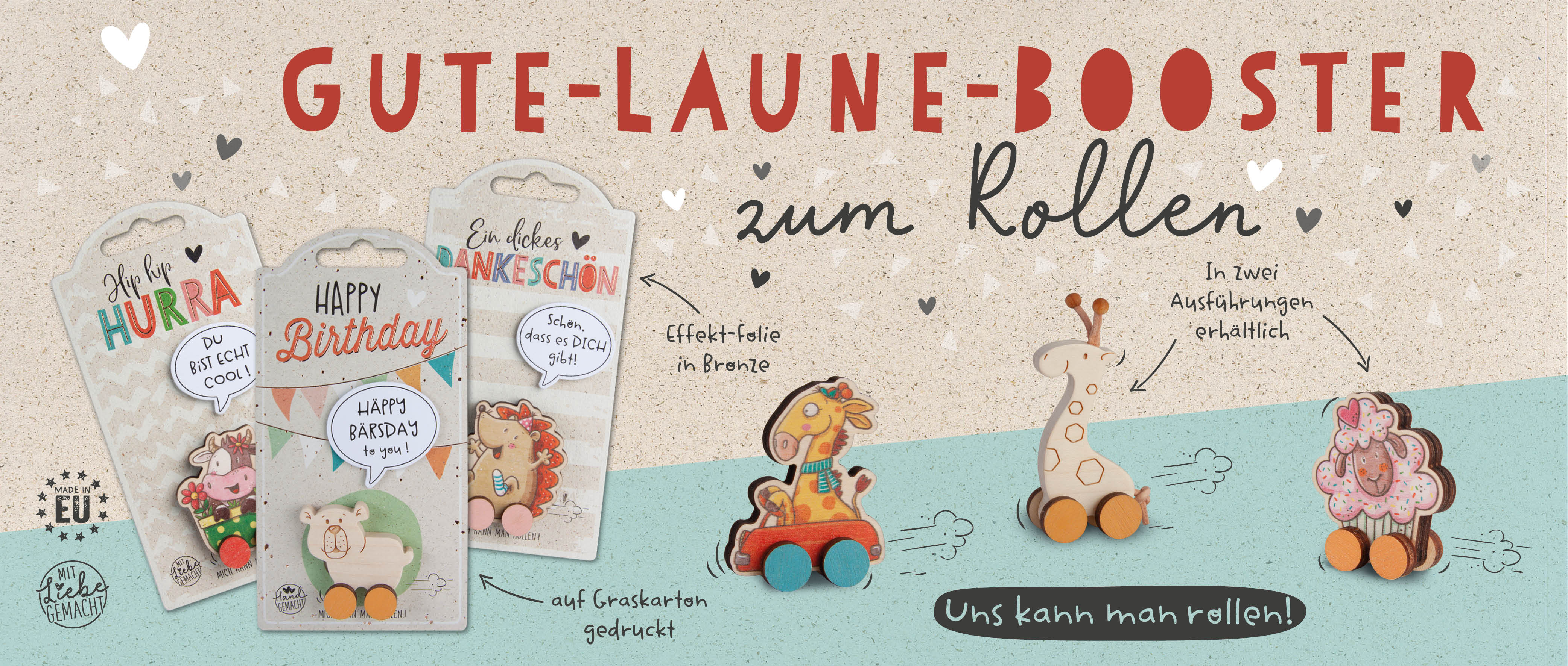 Waldfabrik HappyRollies - originelle Grußkarten mit süßen Botschaften und Holztier zum Rollen
