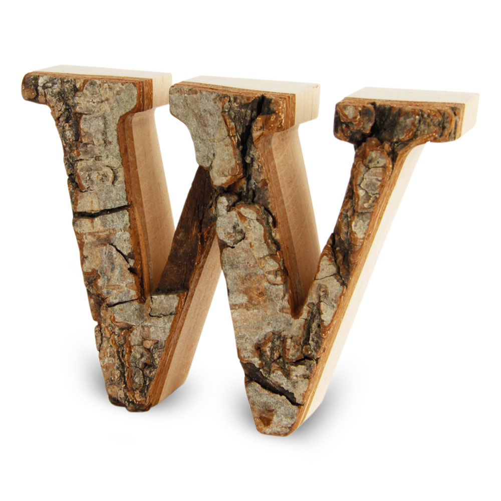 Holzbuchstabe mit Rinde: W