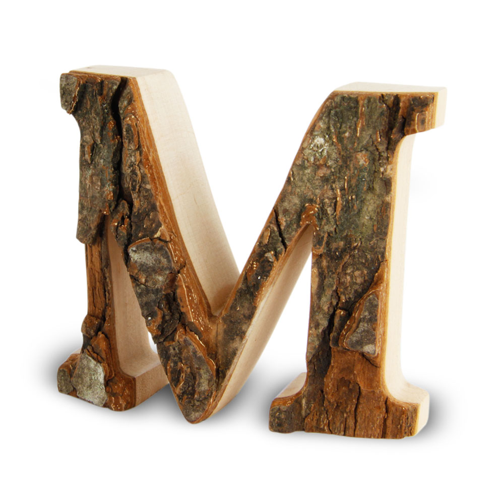 Holzbuchstabe mit Rinde: M