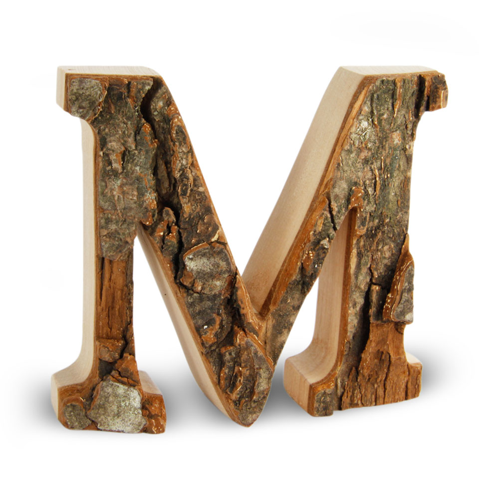 Holzbuchstabe mit Rinde: M