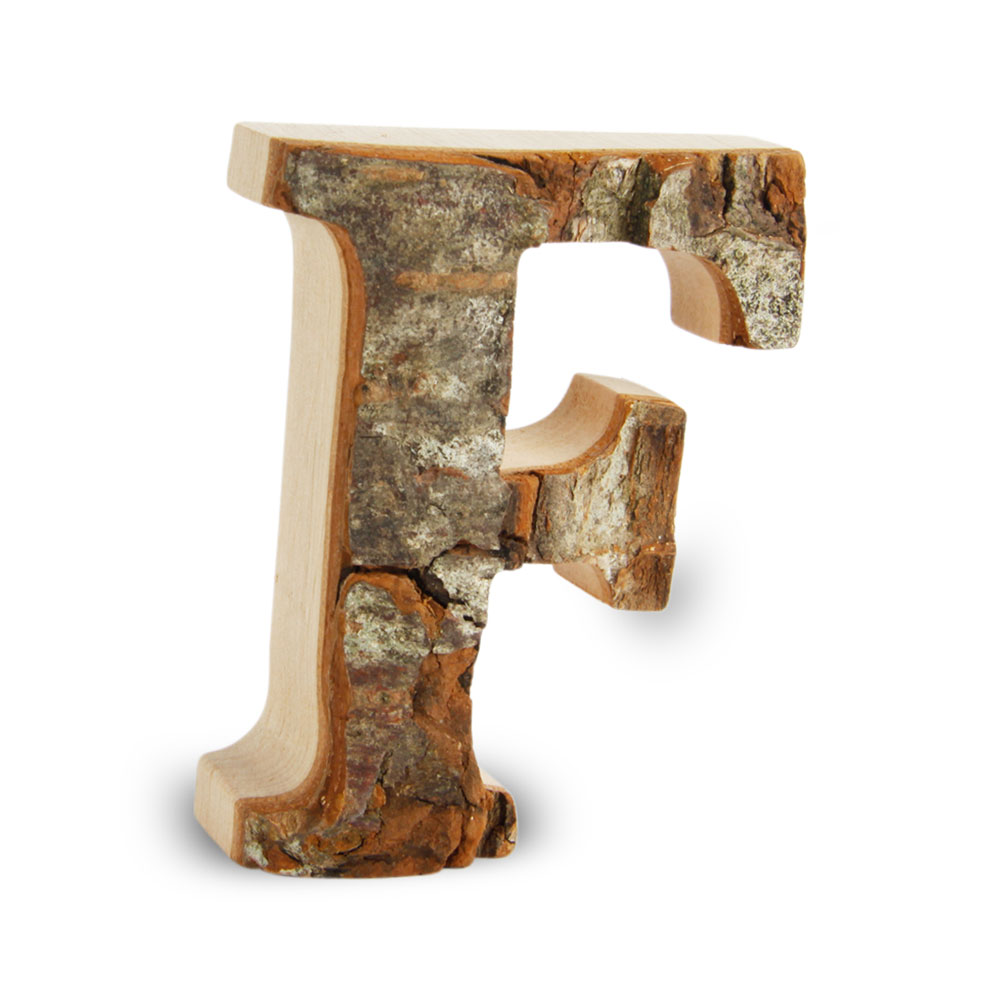Holzbuchstabe mit Rinde: F