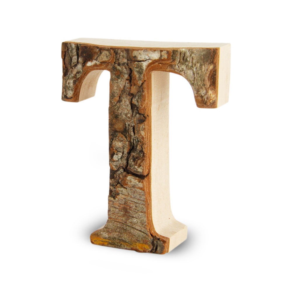 Holzbuchstabe mit Rinde: T
