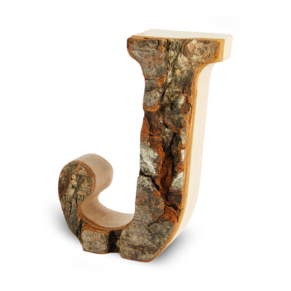 Holzbuchstabe mit Rinde: J