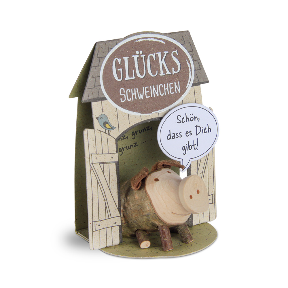 Glücksschweinchen sitzend: "Schön, dass es..."