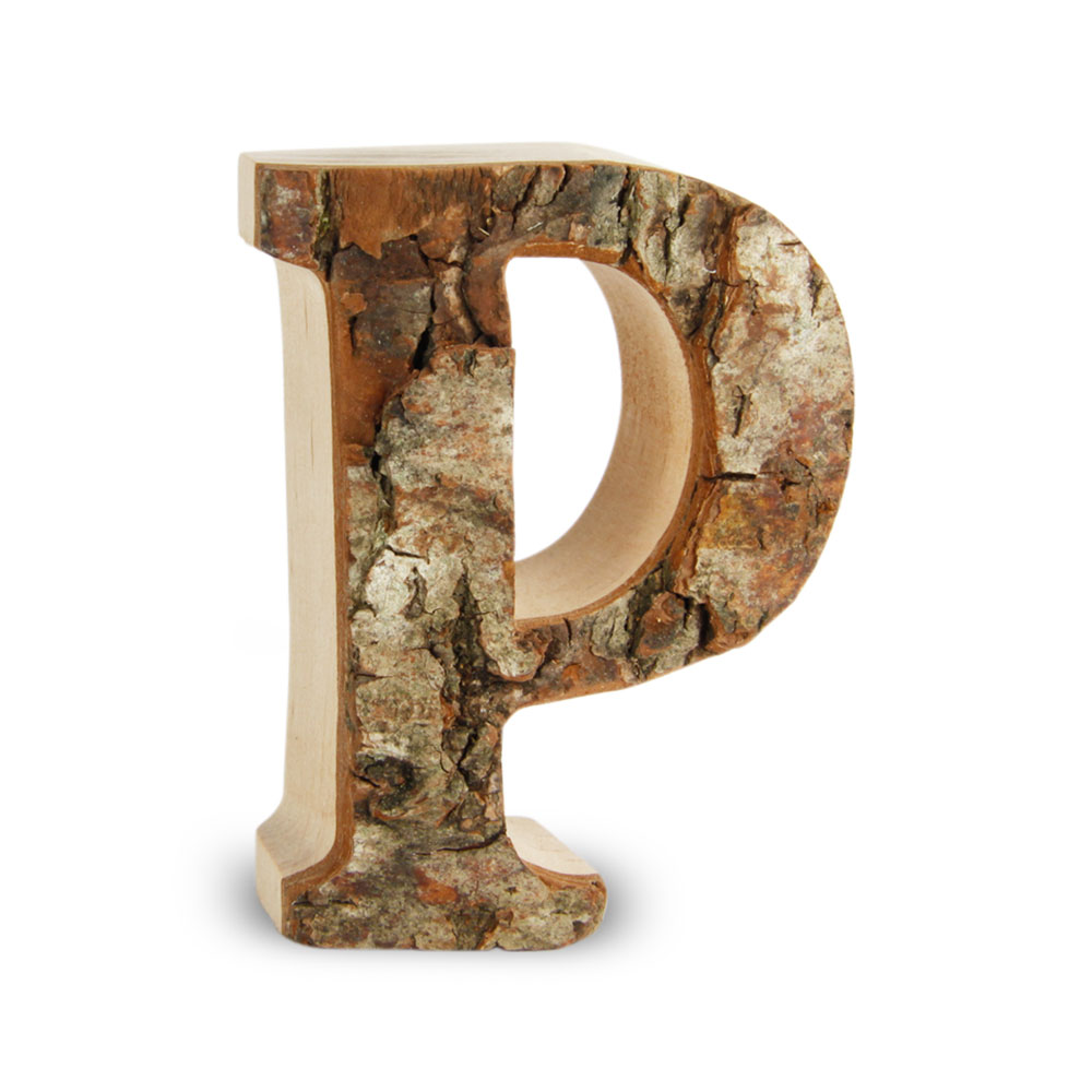 Holzbuchstabe mit Rinde: P