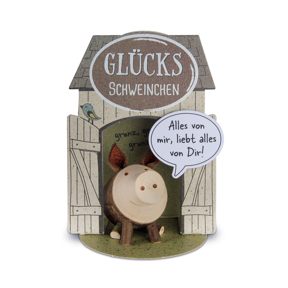 Glücksschweinchen sitzend: "Alles von mir, liebt…"