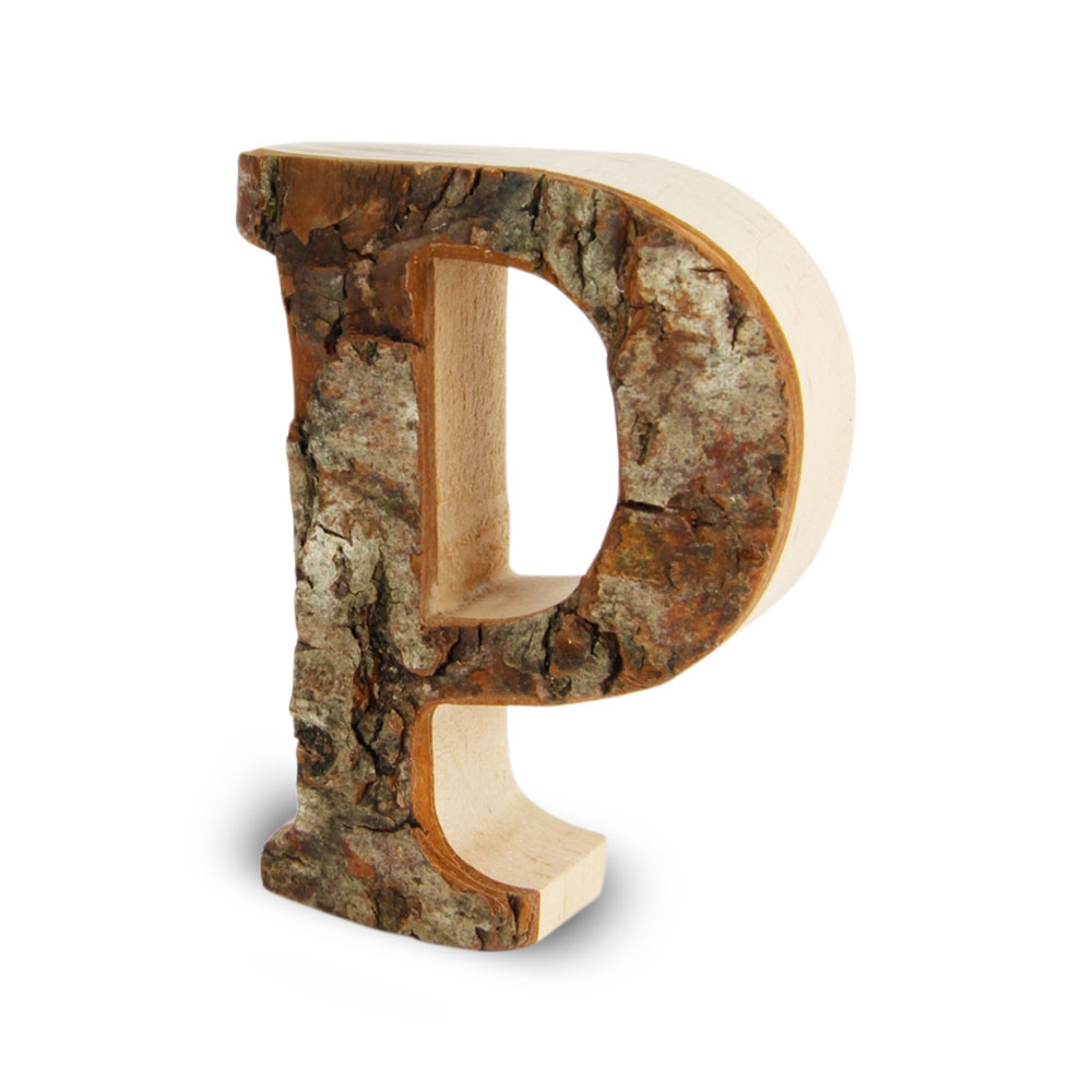 Holzbuchstabe mit Rinde: P