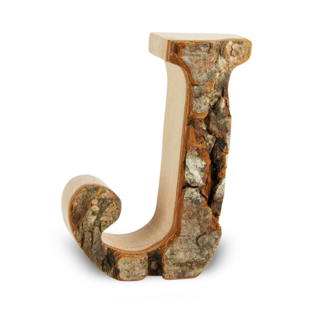 Holzbuchstabe mit Rinde: J