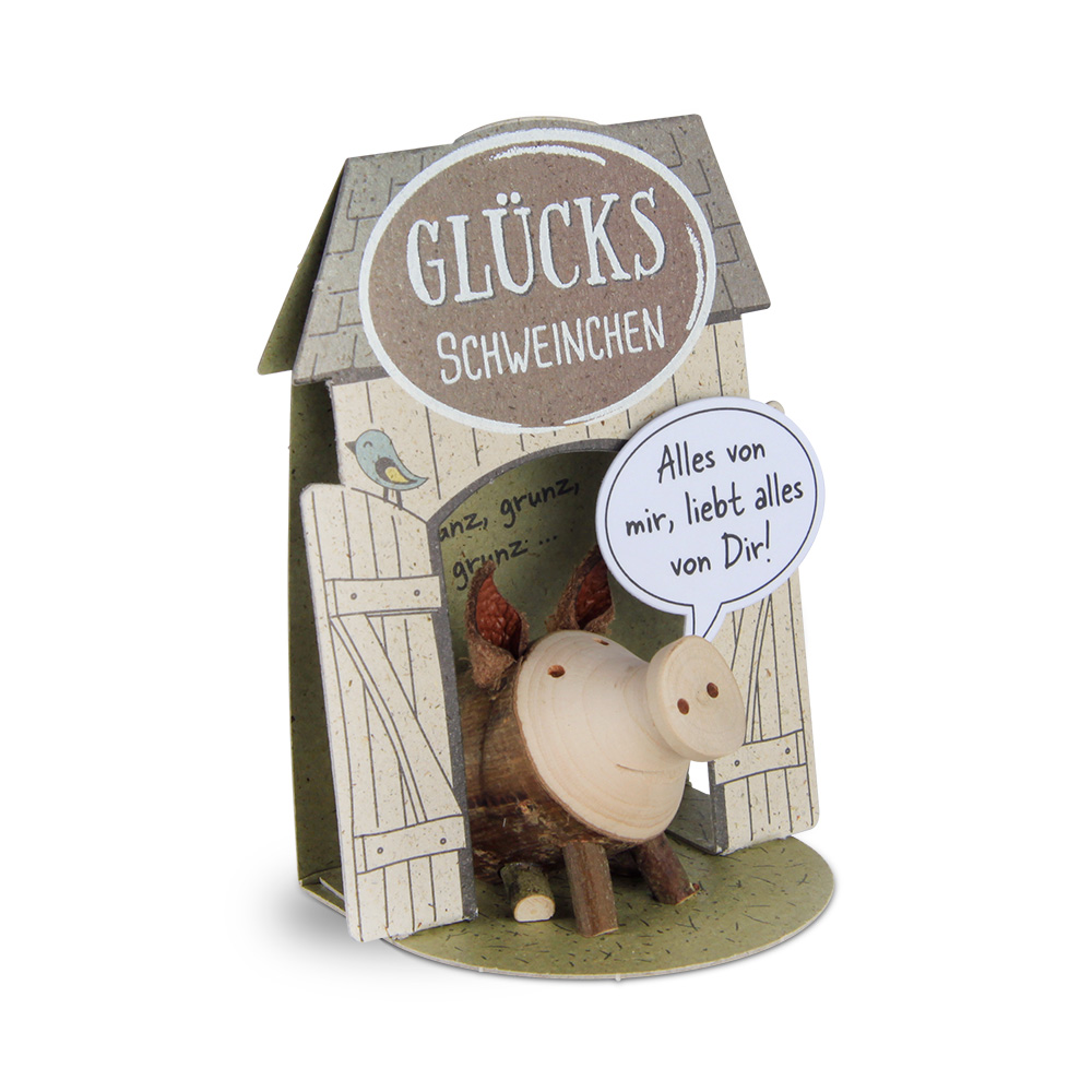 Glücksschweinchen sitzend: "Alles von mir, liebt…"