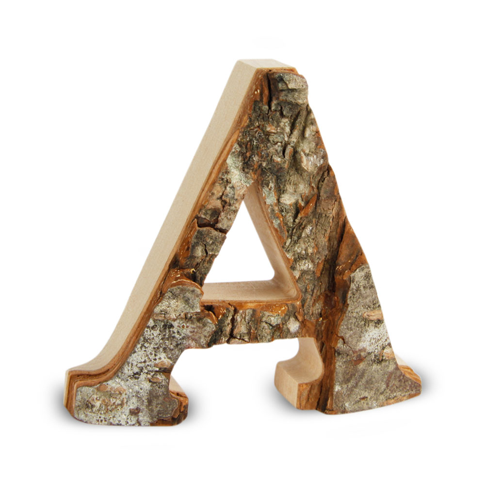 Holzbuchstabe mit Rinde: A