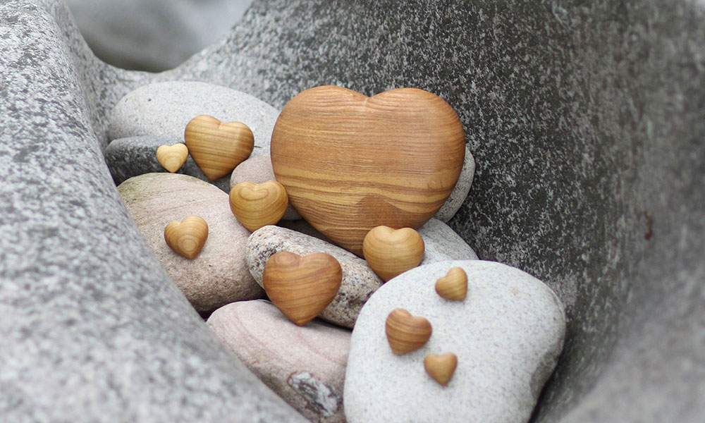 Verschiedene Waldfabrik Holzherzen in warmen Holzmaserungen auf Steinen arrangiert
