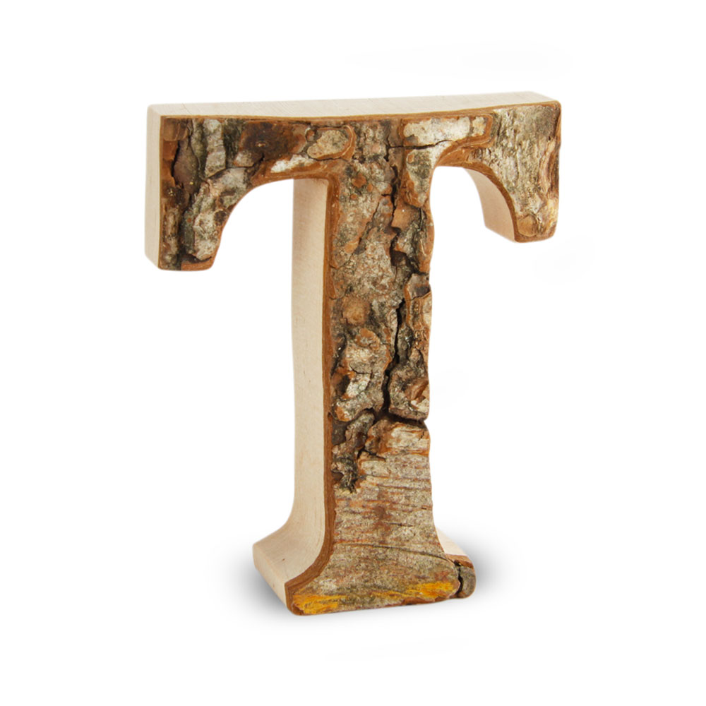 Holzbuchstabe mit Rinde: T