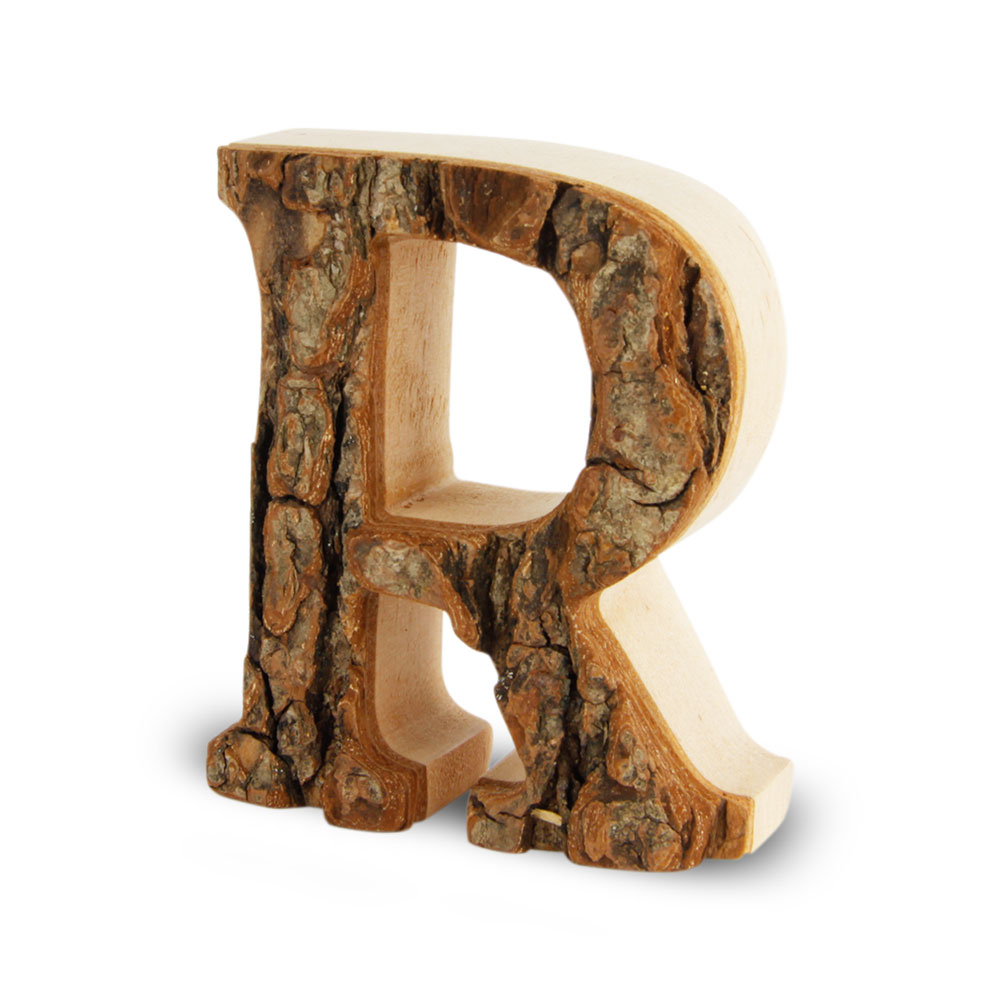 Holzbuchstabe mit Rinde: R
