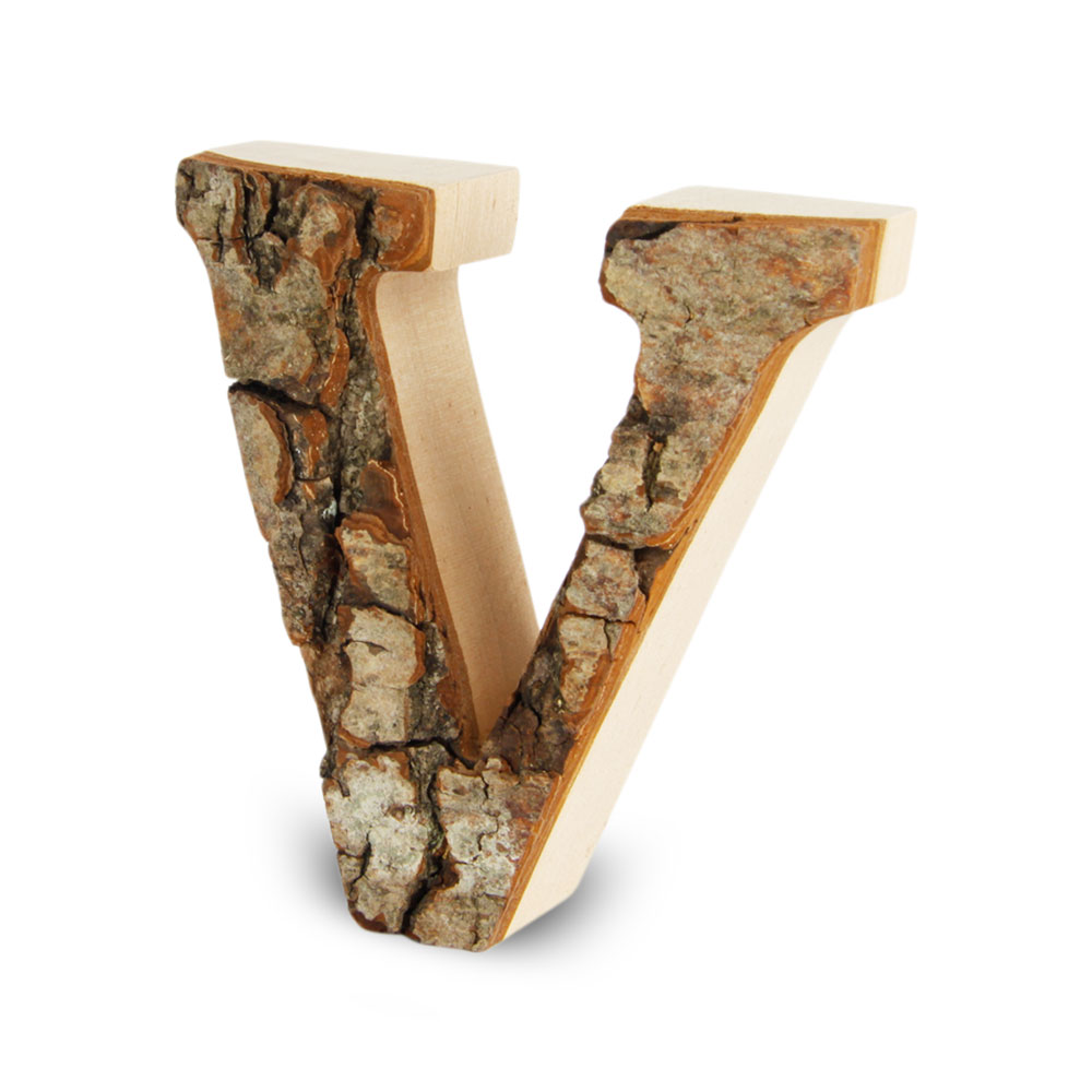 Holzbuchstabe mit Rinde: V