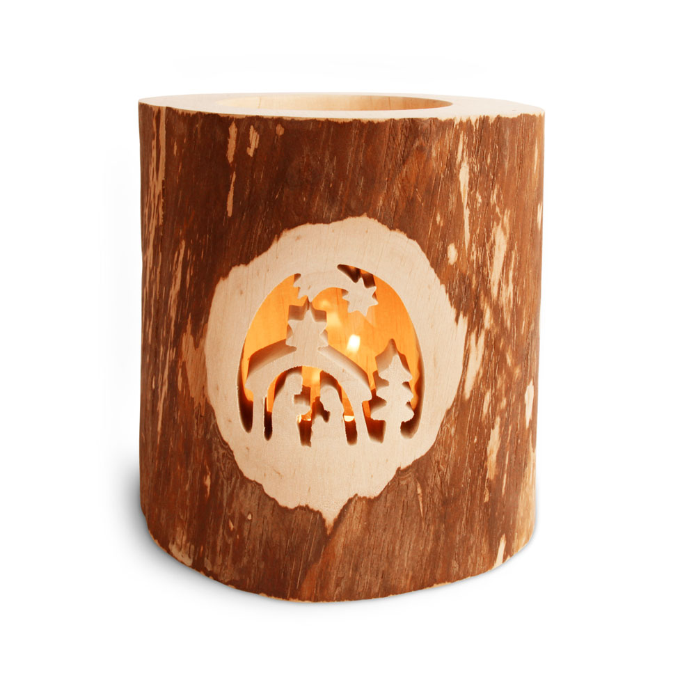 Stimmungsleuchter o. Rinde, gesägtem Motiv: Krippe