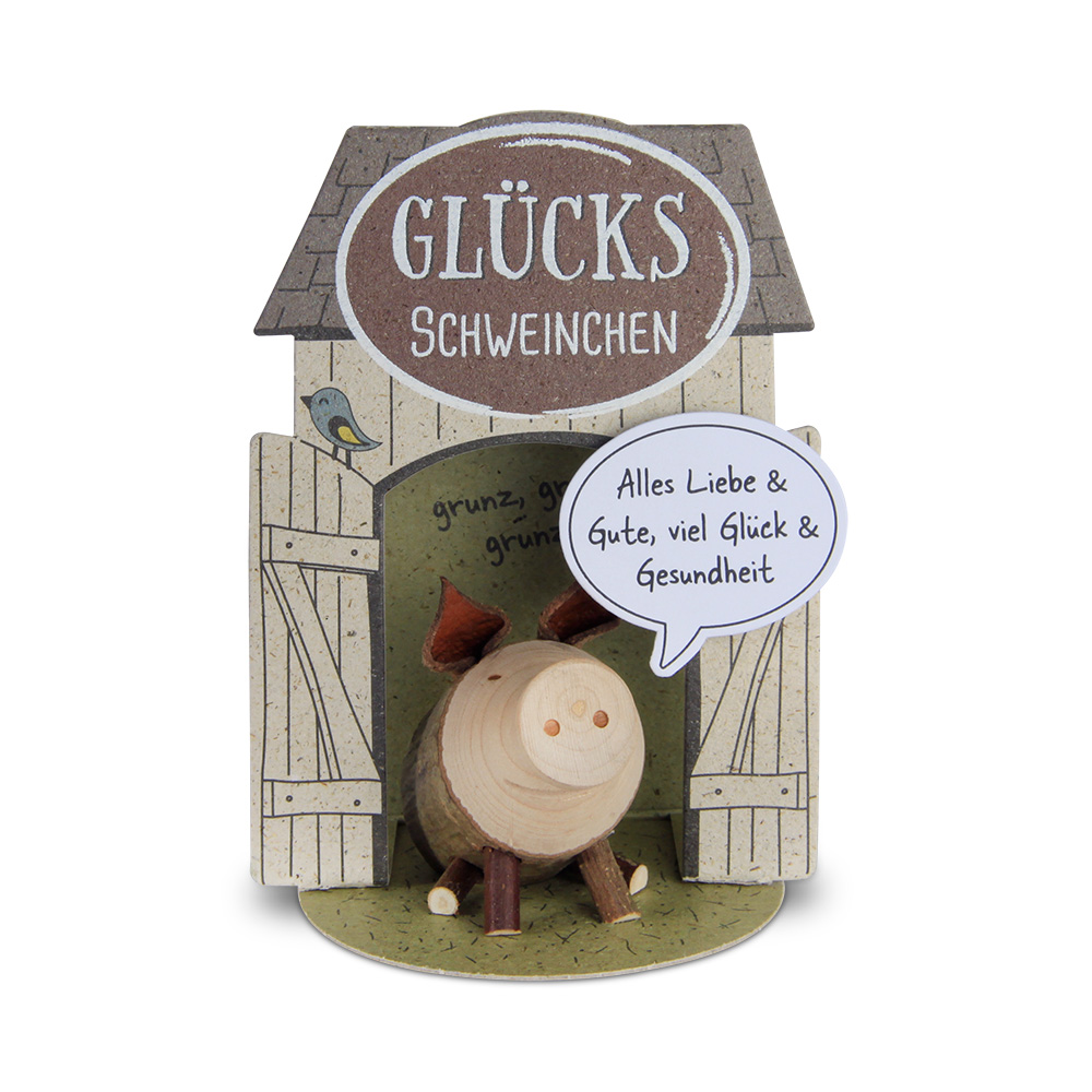 Glücksschweinchen sitzend: "Alles Liebe & Gute…"