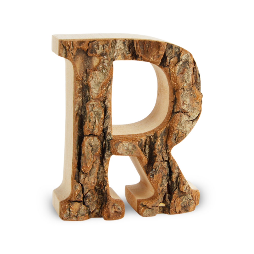 Holzbuchstabe mit Rinde: R