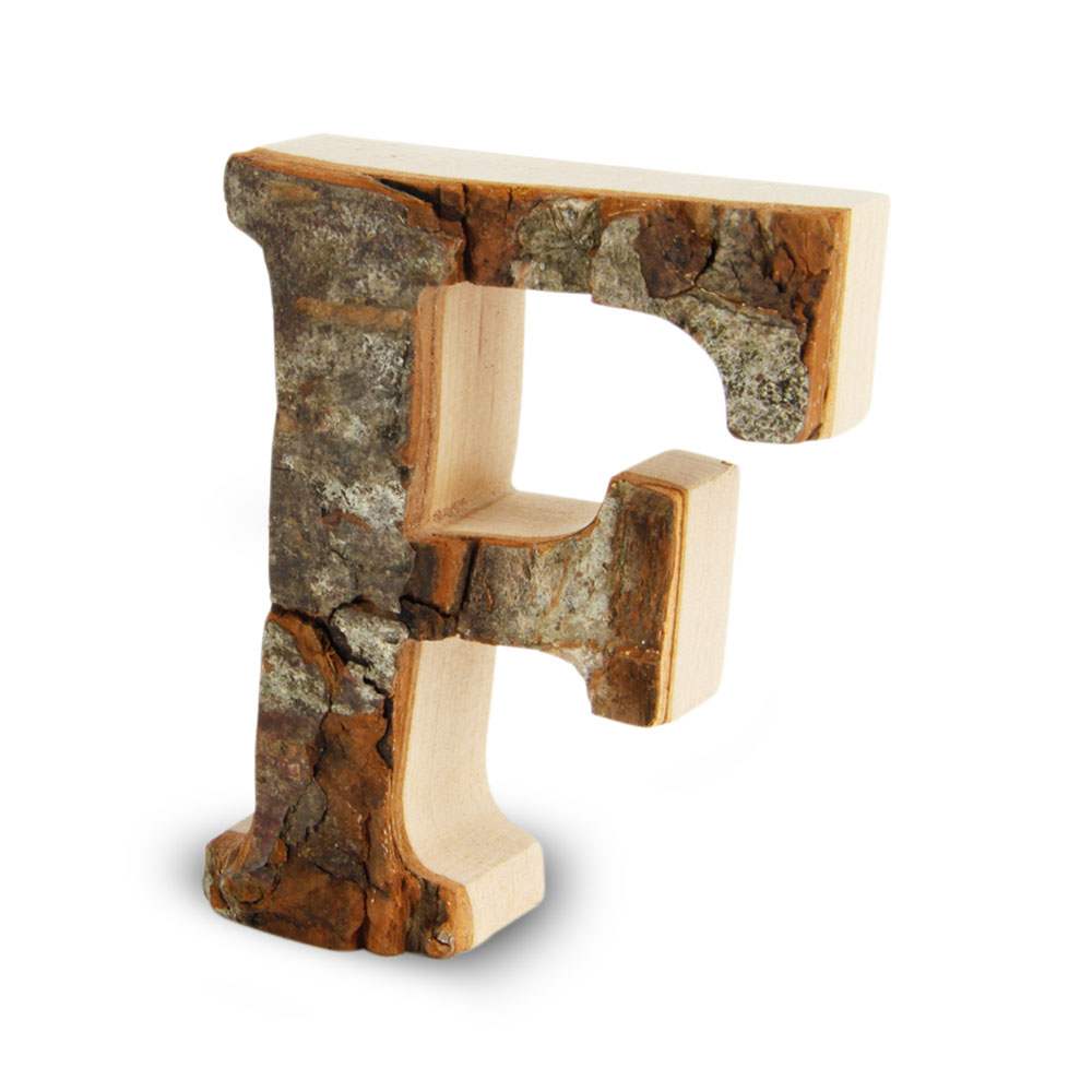 Holzbuchstabe mit Rinde: F