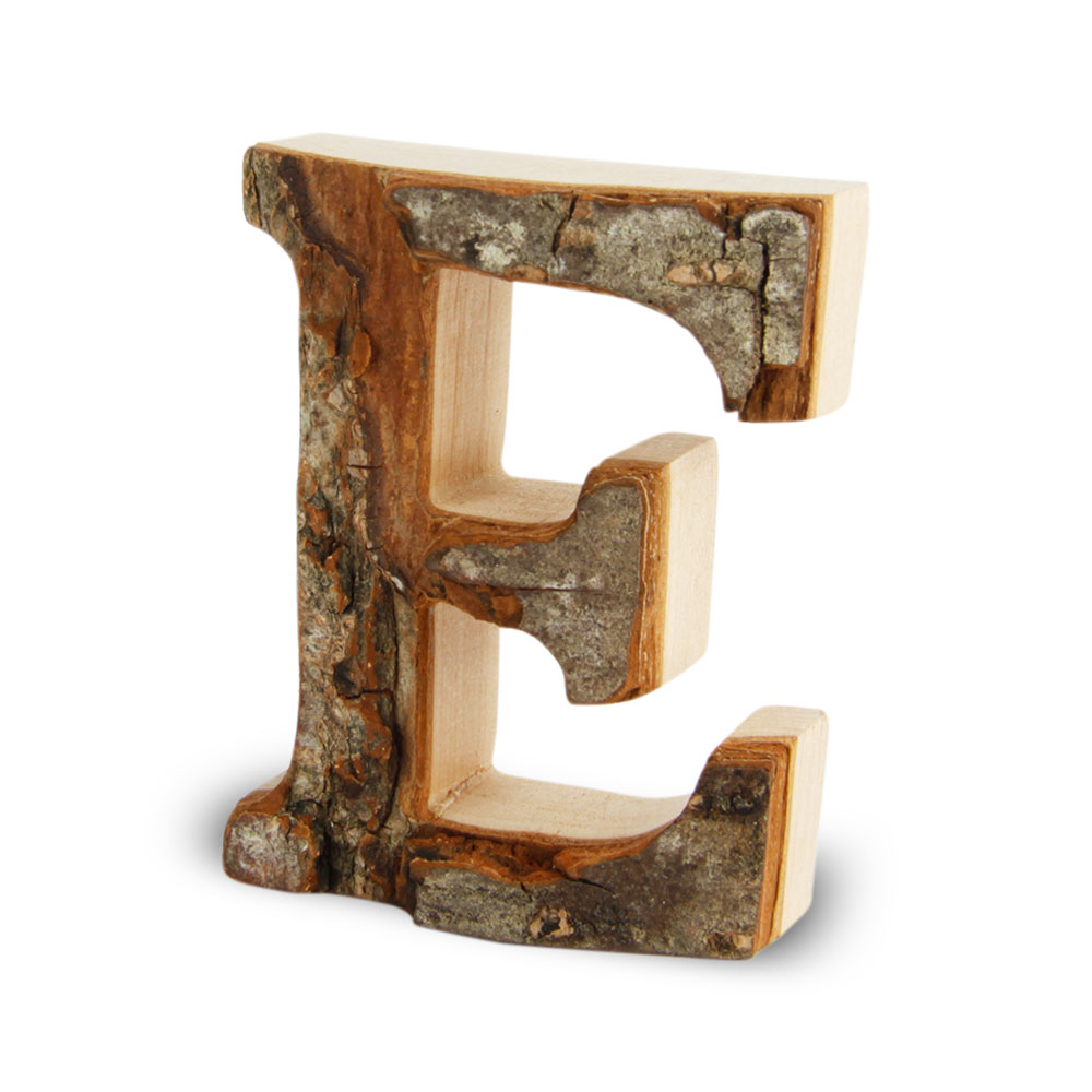 Holzbuchstabe mit Rinde: E