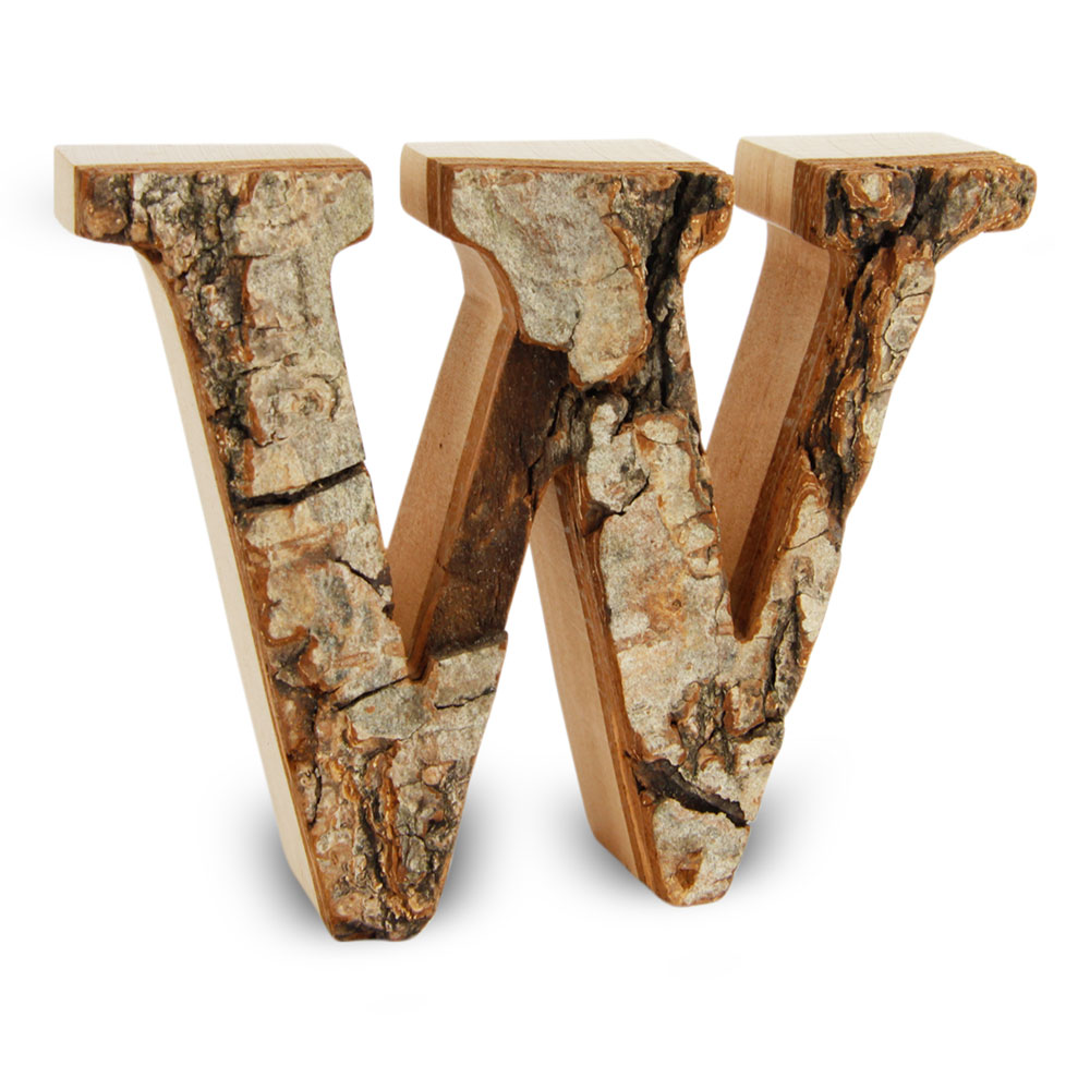 Holzbuchstabe mit Rinde: W