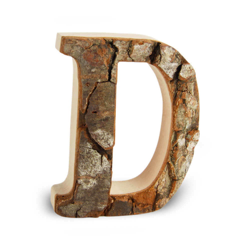 Holzbuchstabe mit Rinde: D