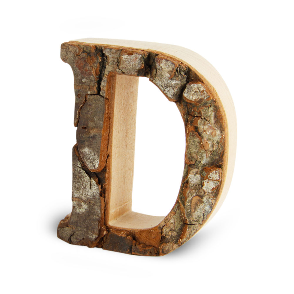 Holzbuchstabe mit Rinde: D