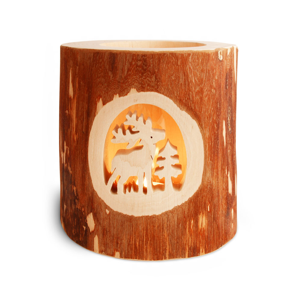 Stimmungsleuchter o. Rinde, gesägtem Motiv: Hirsch