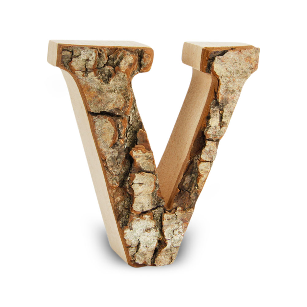 Holzbuchstabe mit Rinde: V
